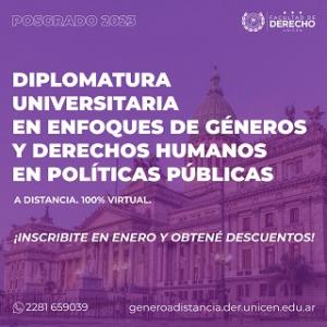 Inscripción abierta a la Diplomatura Universitaria en enfoques de géneros y derechos humanos en políticas públicas. Modalidad a Distancia